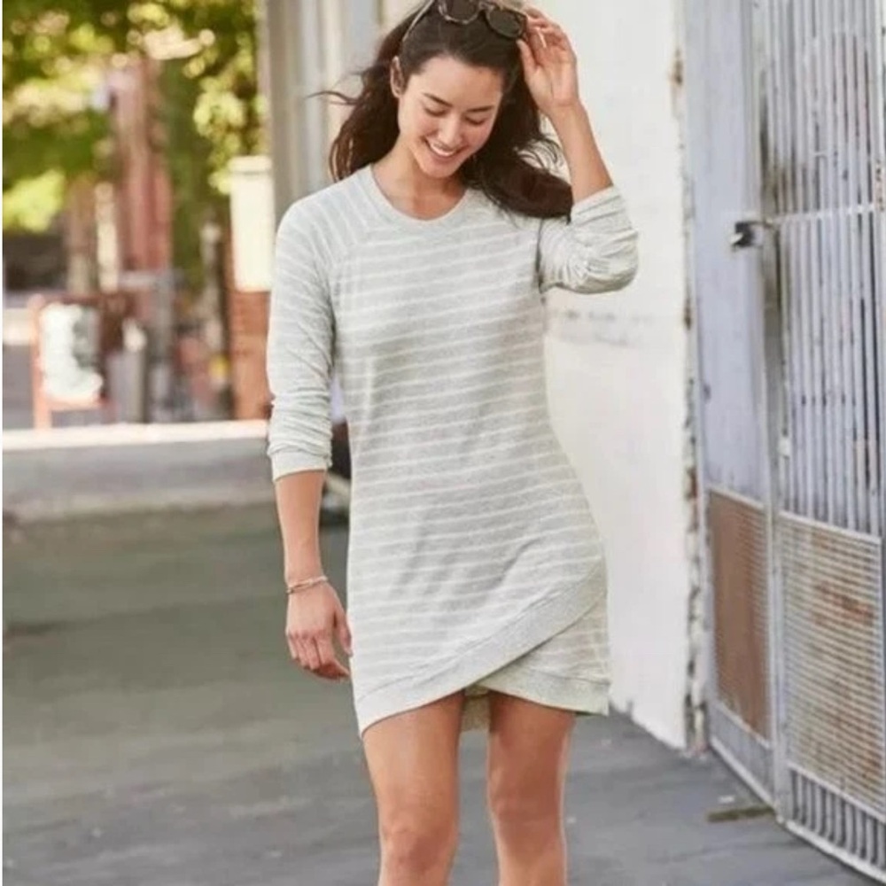 Athleta Crisscross stripe french terry modal tunic sweater dress grey & white S